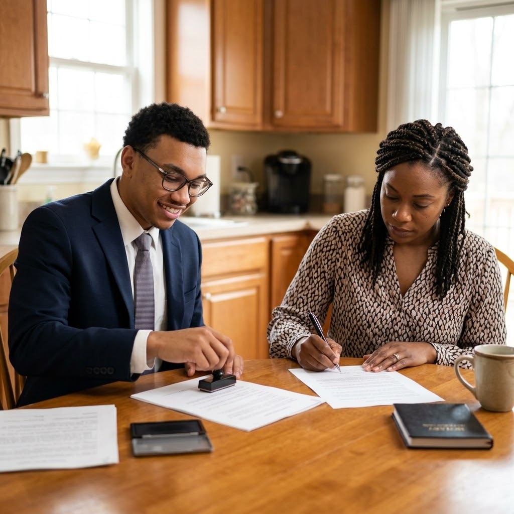 The notary guiding a client as she signs documents at her kitchen table